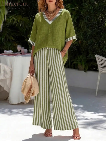 Casual Two-piece Set: Striped Linen & Cotton Patchwork Top And Striped Trousers - Olive / S