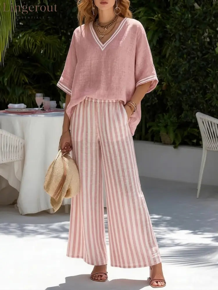 Casual Two-piece Set: Striped Linen & Cotton Patchwork Top And Striped Trousers - Pink / S