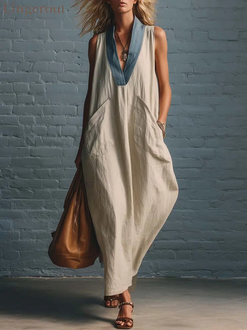 Casual Urban Color-blocked V-neck Beige Cotton Linen Maxi Dress - Beige / XS