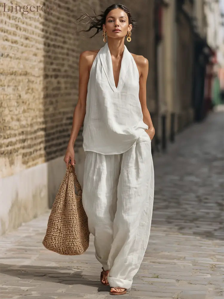 Casual Urban Style White Linen V-neck Sleeveless Top And Wide Leg Pants Set