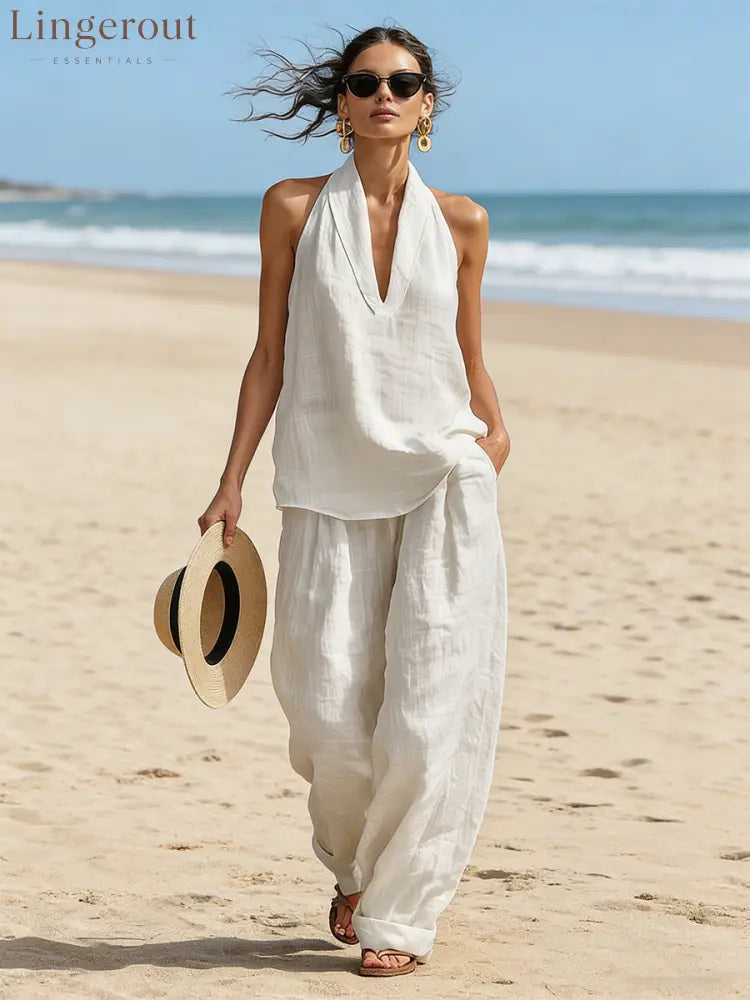 Casual Urban Style White Linen V-neck Sleeveless Top And Wide Leg Pants Set