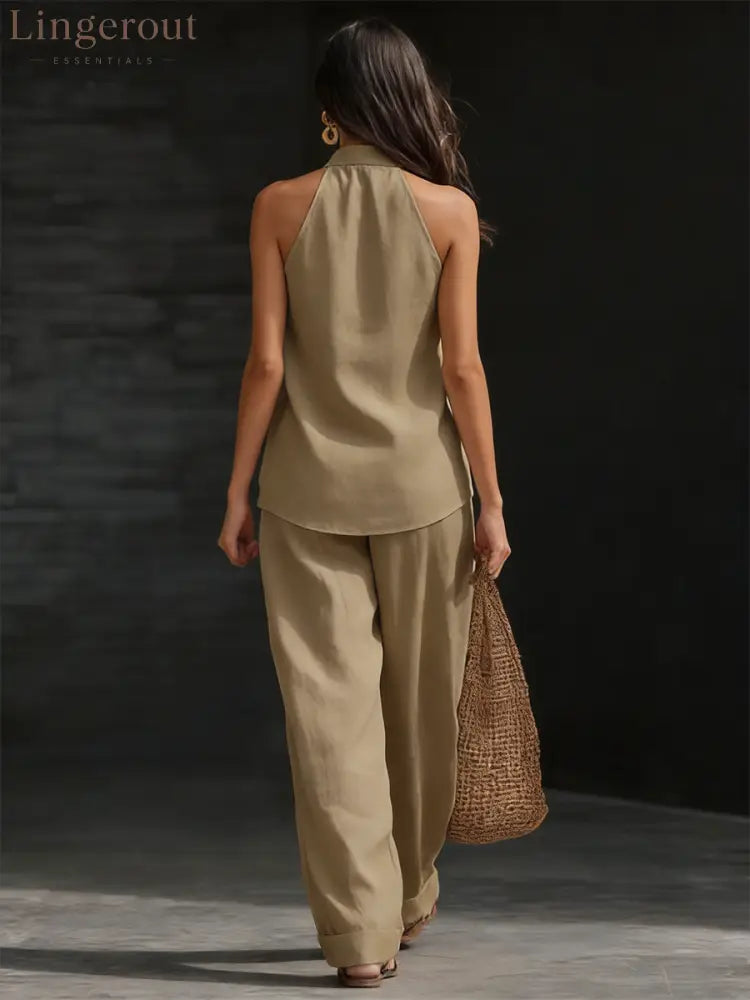 Casual Urban Style White Linen V-neck Sleeveless Top And Wide Leg Pants Set
