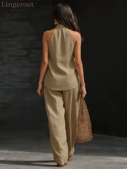 Casual Urban Style White Linen V-neck Sleeveless Top And Wide Leg Pants Set