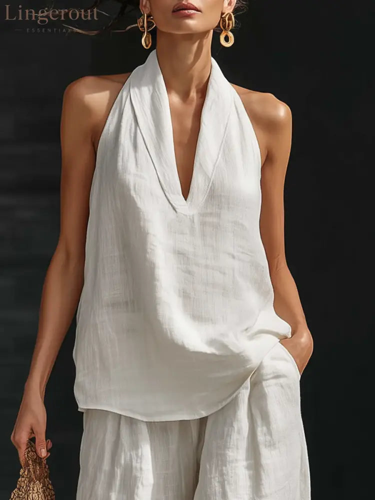 Casual Urban Style White Linen V-neck Sleeveless Top And Wide Leg Pants Set