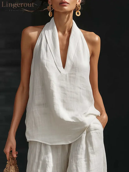 Casual Urban Style White Linen V-neck Sleeveless Top And Wide Leg Pants Set