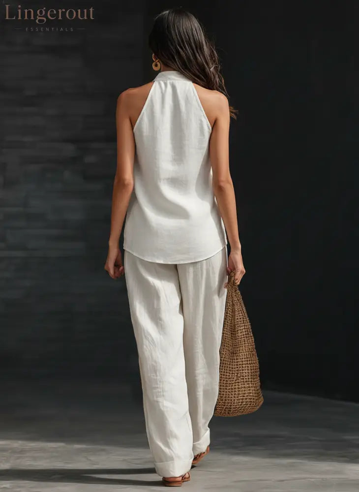 Casual Urban Style White Linen V-neck Sleeveless Top And Wide Leg Pants Set