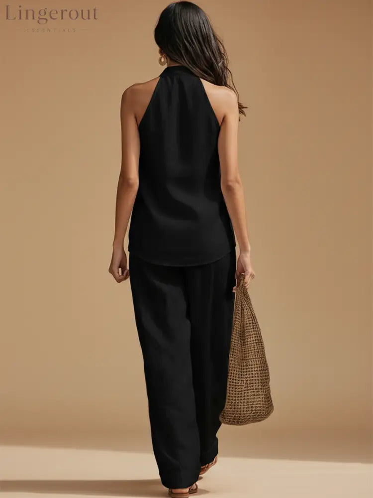 Casual Urban Style White Linen V-neck Sleeveless Top And Wide Leg Pants Set