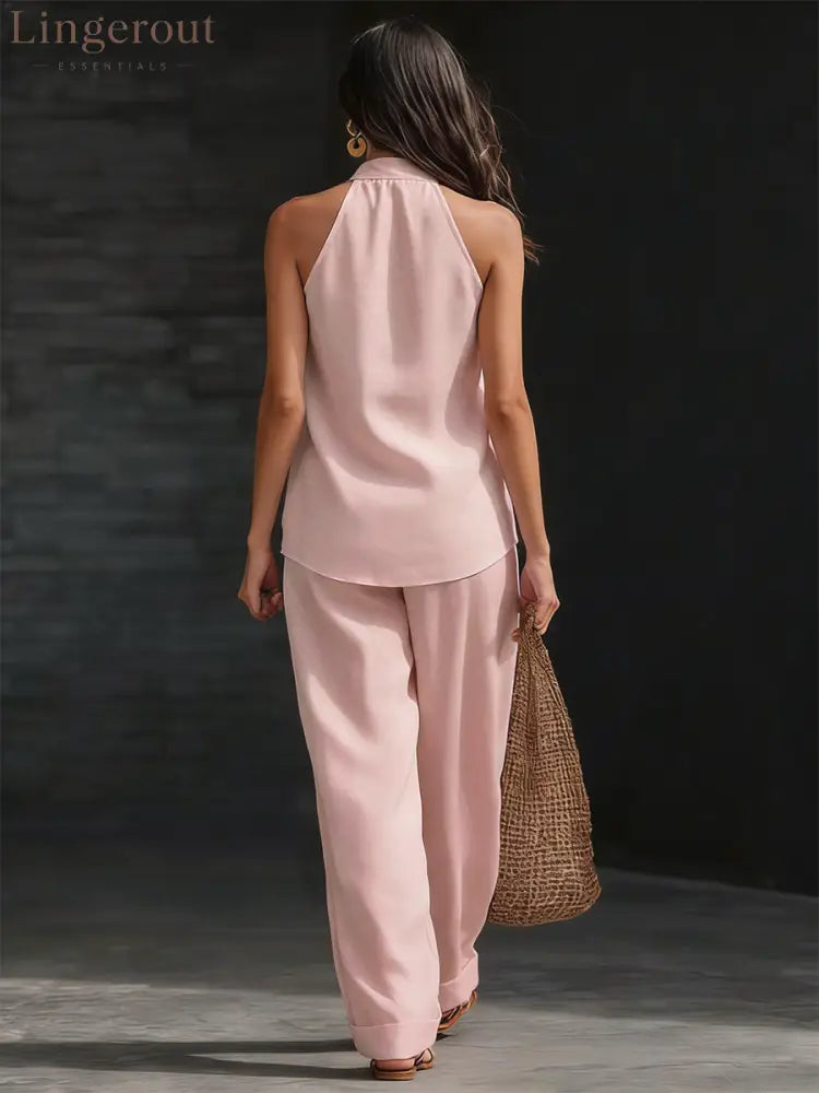 Casual Urban Style White Linen V-neck Sleeveless Top And Wide Leg Pants Set