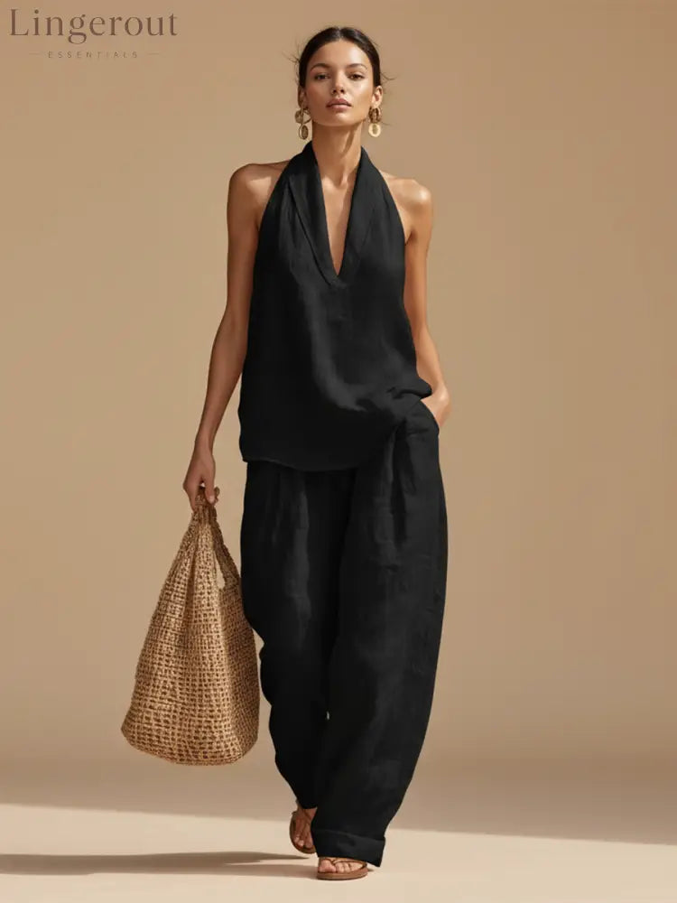 Casual Urban Style White Linen V-neck Sleeveless Top And Wide Leg Pants Set