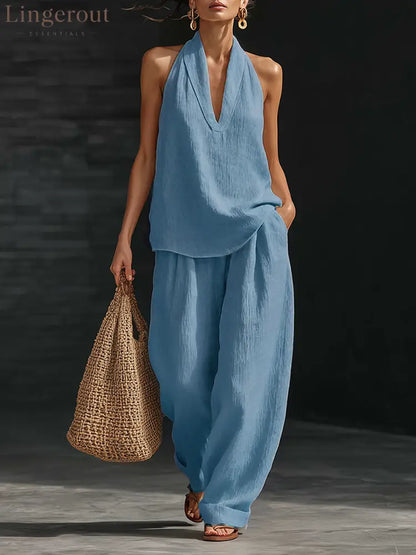 Casual Urban Style White Linen V-neck Sleeveless Top And Wide Leg Pants Set - Blue / S