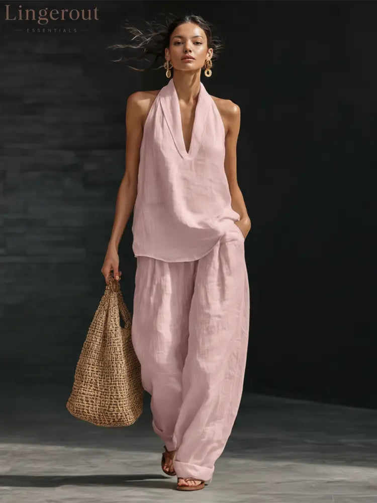 Casual Urban Style White Linen V-neck Sleeveless Top And Wide Leg Pants Set - Pink / 3XL