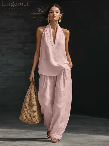 Casual Urban Style White Linen V-neck Sleeveless Top And Wide Leg Pants Set - Pink / 3XL