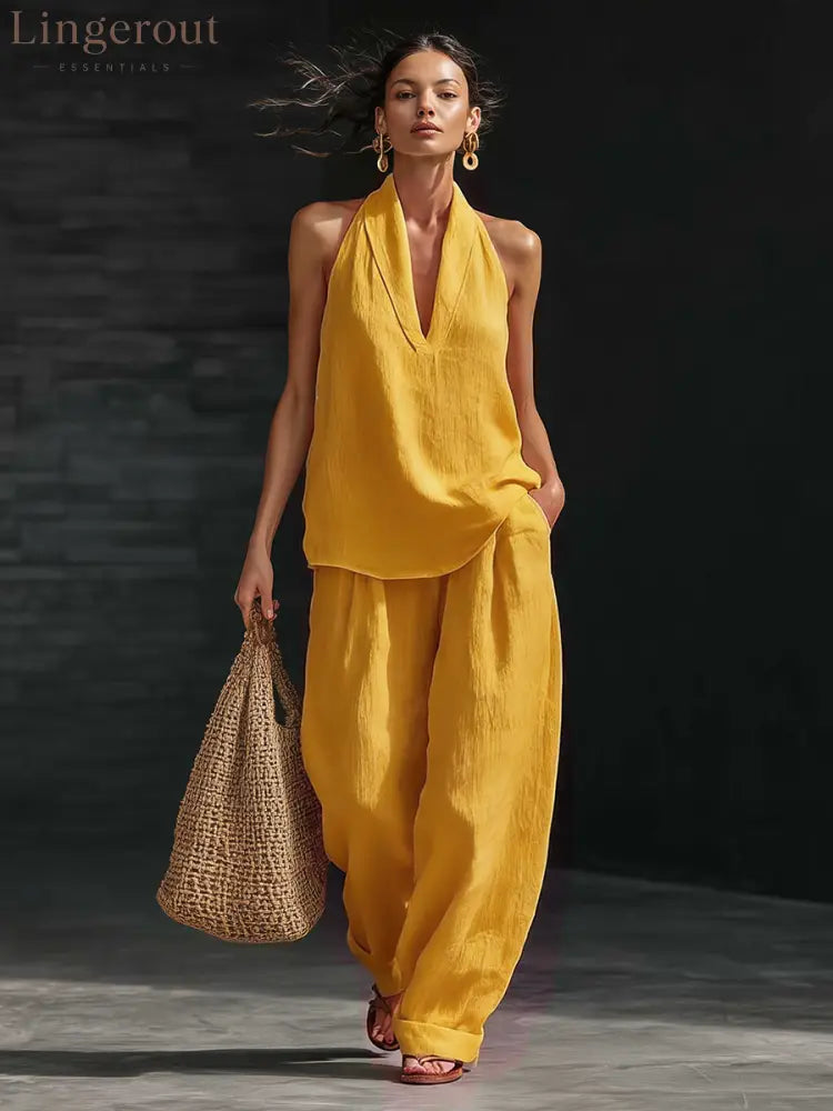 Casual Urban Style White Linen V-neck Sleeveless Top And Wide Leg Pants Set - Yellow / 3XL