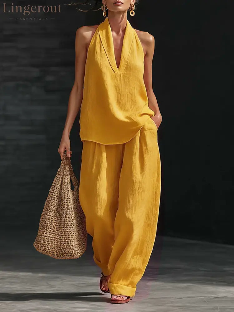 Casual Urban Style White Linen V-neck Sleeveless Top And Wide Leg Pants Set - Yellow / S