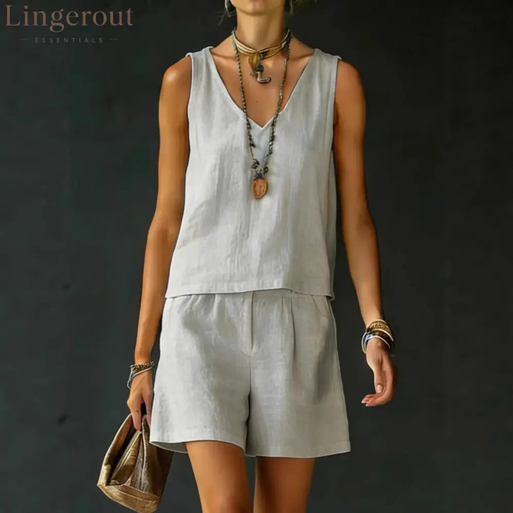 Casual V-Neck Sleeveless Top & Shorts Set