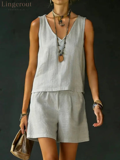 Casual V-Neck Sleeveless Top & Shorts Set - Silver gray / S