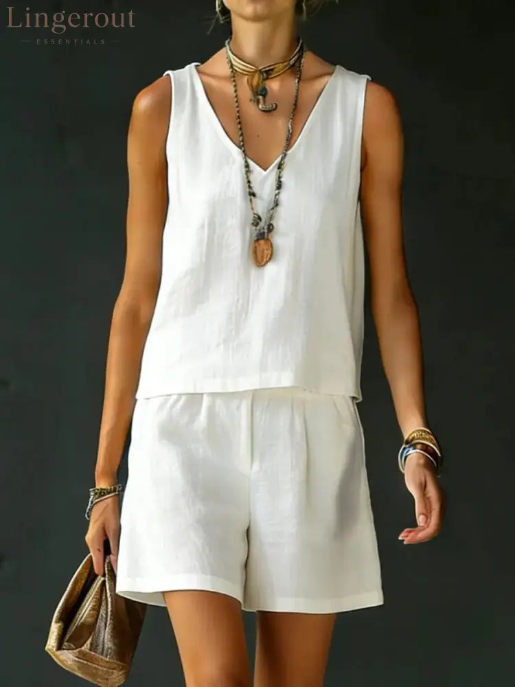 Casual V-Neck Sleeveless Top & Shorts Set - White / S