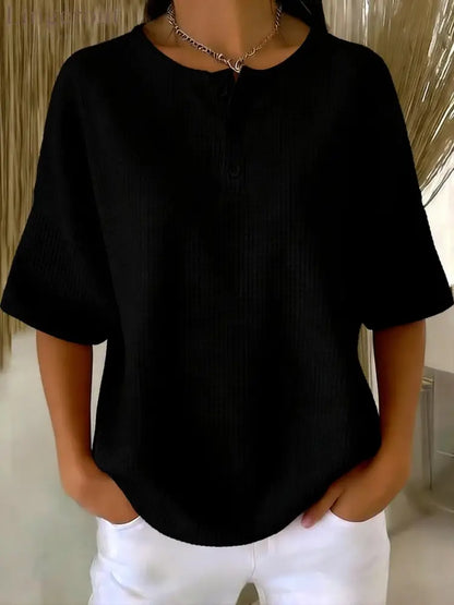 Casual Waffle Henry Collar Sweatshirt - Black / S