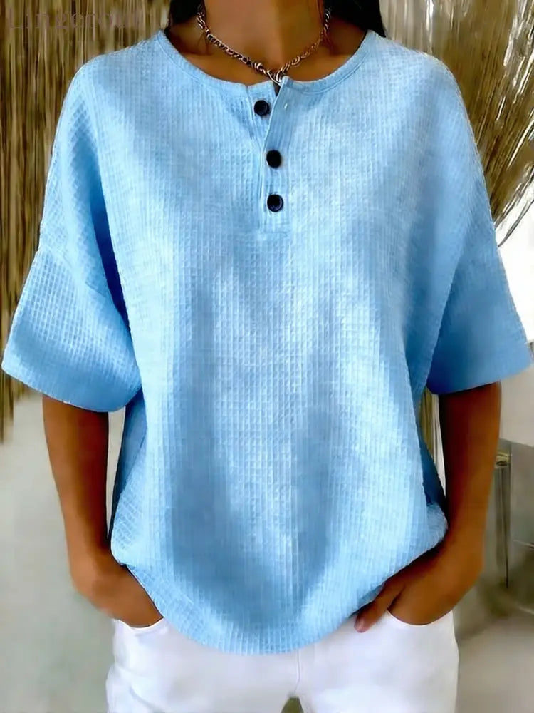 Casual Waffle Henry Collar Sweatshirt - Blue / S