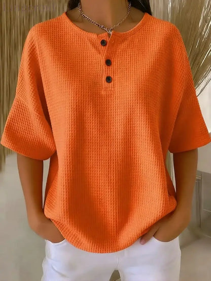 Casual Waffle Henry Collar Sweatshirt - Orange / S
