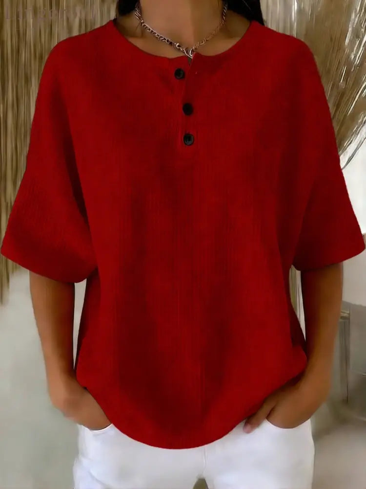 Casual Waffle Henry Collar Sweatshirt - Red / S