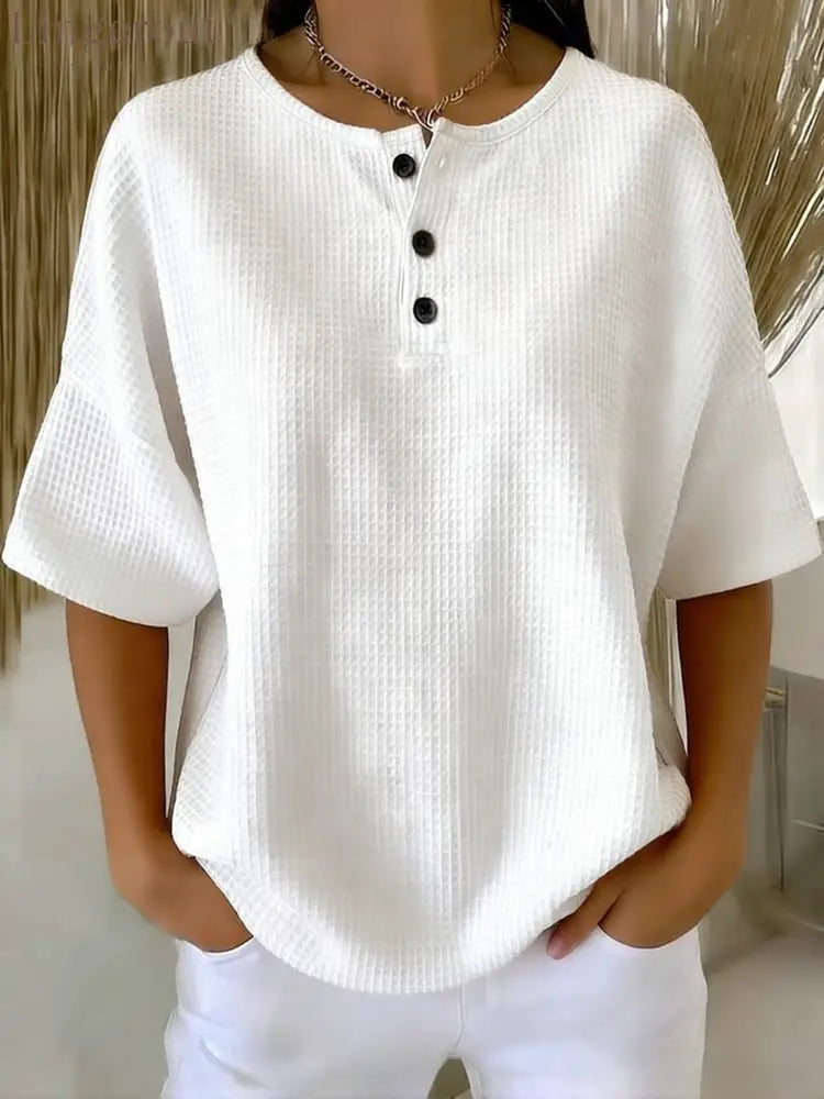 Casual Waffle Henry Collar Sweatshirt - White / S