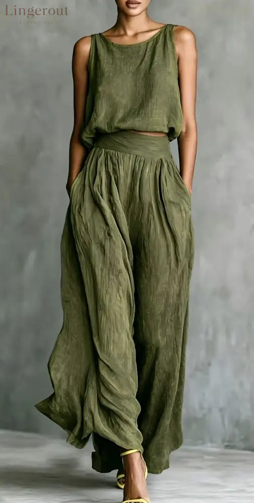 Chartreuse Textured Linen Matching Set Sleeveless Tank Top & High Waist Flowy Wide Leg Pants - Army green / S