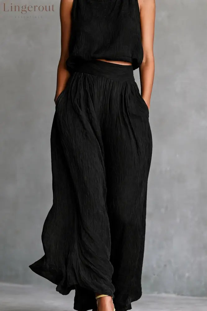 Chartreuse Textured Linen Matching Set Sleeveless Tank Top & High Waist Flowy Wide Leg Pants - Black / S
