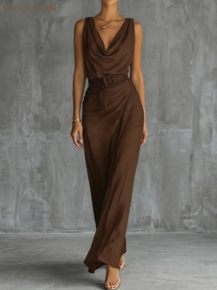 Chic And Sophisticated Cowl-neck Dress - Brown / S