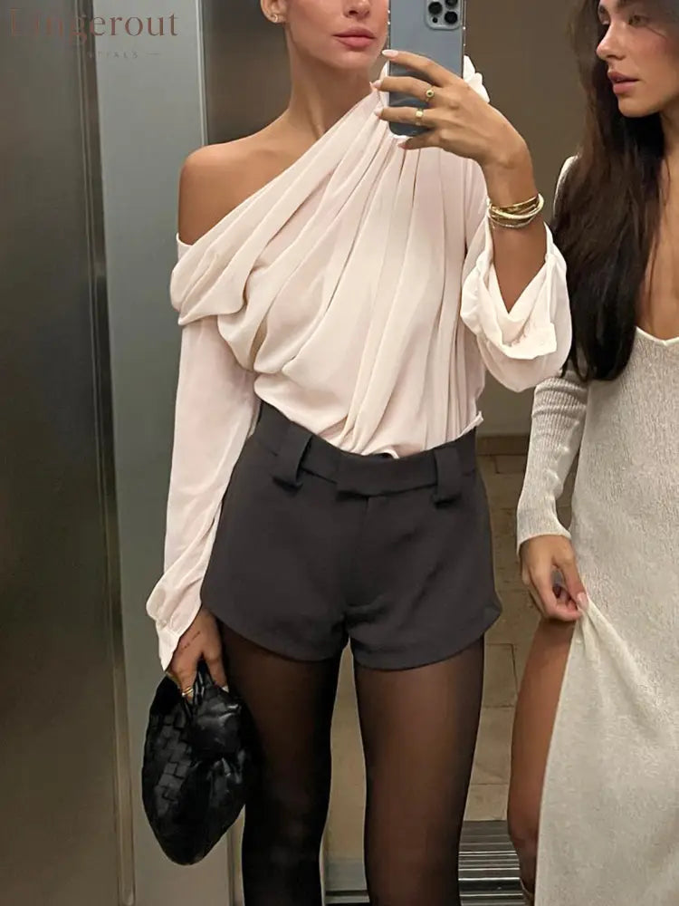 Chiffon Semi-Sheer One Shoulder Asymmetrical Blouse