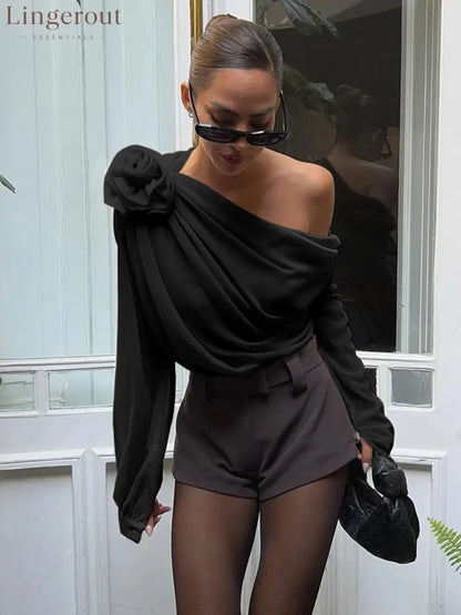 Chiffon Semi-Sheer One Shoulder Asymmetrical Blouse - Black / S