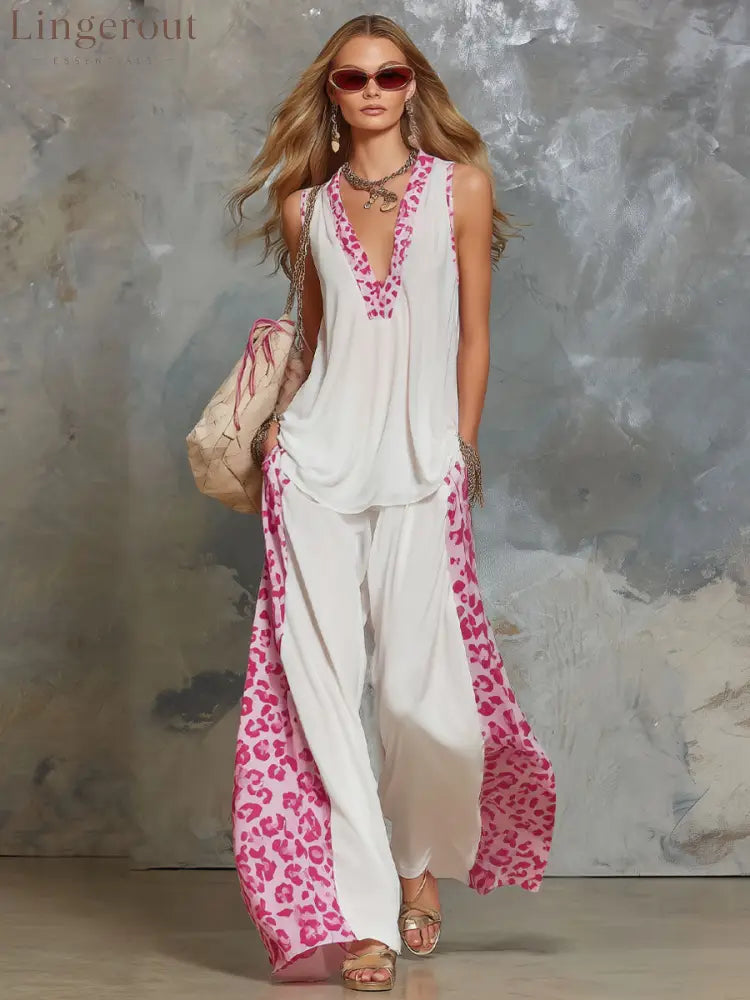 Chiffon V-neck Sleeveless Leopard Print Top And Pants Set