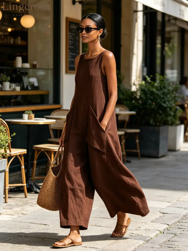 Chocolate‑Brown Sleeveless Linen Oversized Wide‑Leg Jumpsuit - Sleeveless Jumpsuit