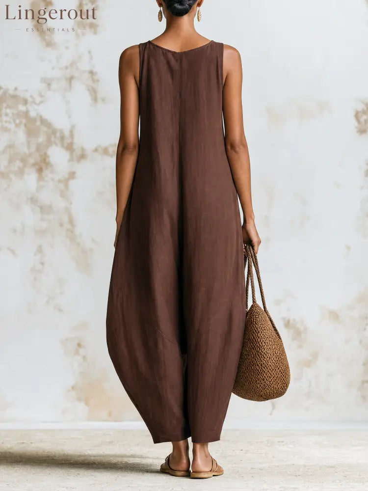 Chocolate‑Brown Sleeveless Linen Oversized Wide‑Leg Jumpsuit - Sleeveless Jumpsuit