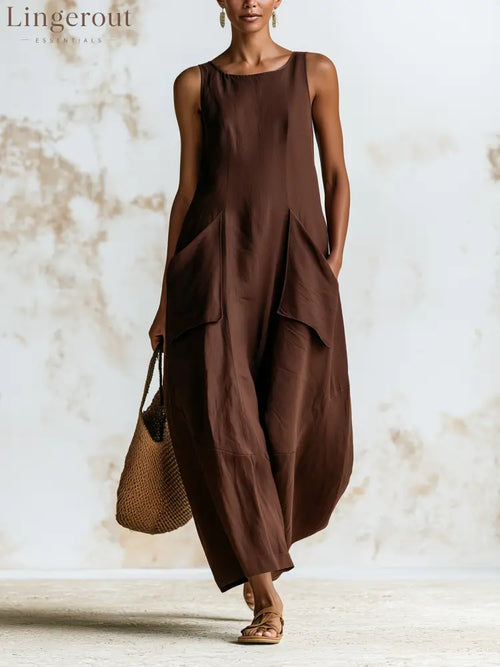 Chocolate‑Brown Sleeveless Linen Oversized Wide‑Leg Jumpsuit - BROWN / XS - Sleeveless Jumpsuit