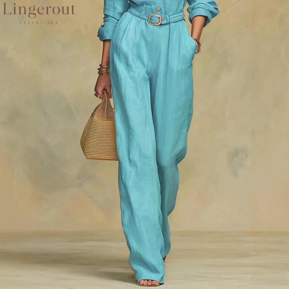 Classic Collared Belted Linen Blend Wide Leg Jumpsuit