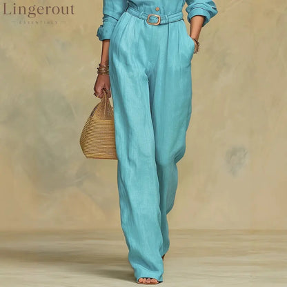 Classic Collared Belted Linen Blend Wide Leg Jumpsuit