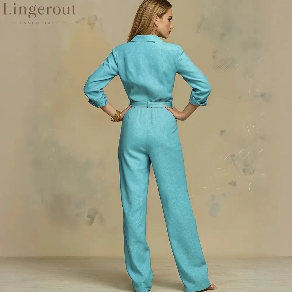 Classic Collared Belted Linen Blend Wide Leg Jumpsuit