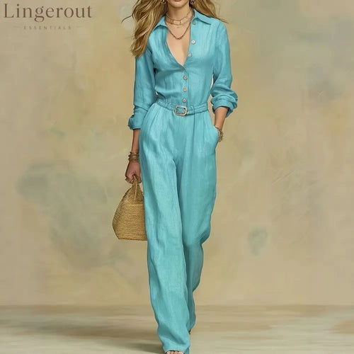 Classic Collared Belted Linen Blend Wide Leg Jumpsuit