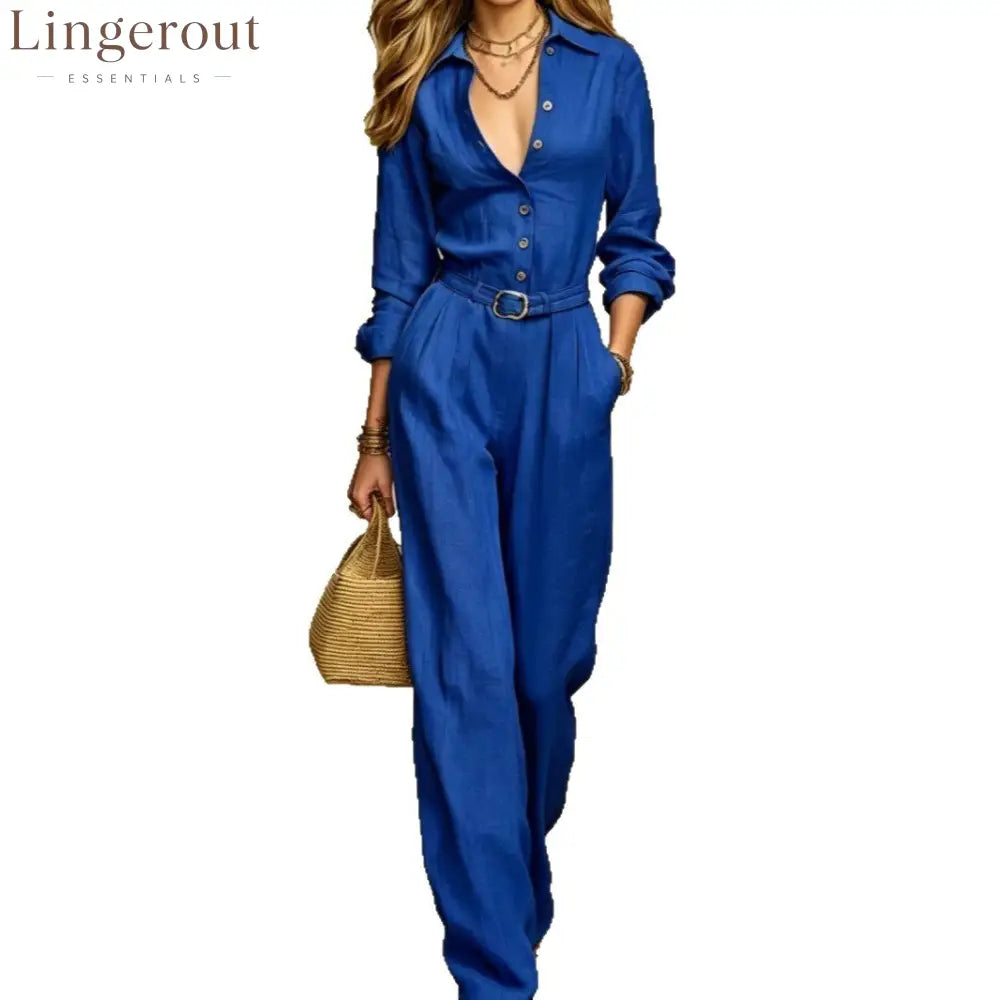 Classic Collared Belted Linen Blend Wide Leg Jumpsuit