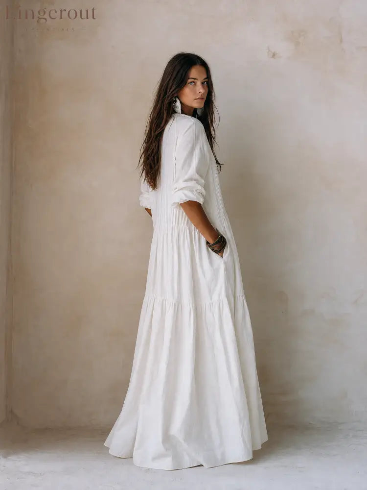 Coastal Chic Soft Cotton Oversized Off-White Smock Maxi Dress - Long Sleeve Maxi Dress
