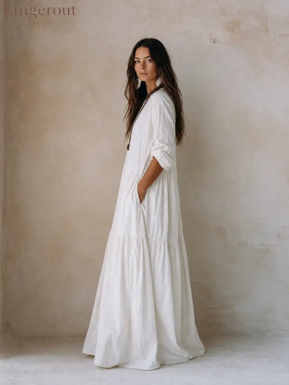 Coastal Chic Soft Cotton Oversized Off-White Smock Maxi Dress - Long Sleeve Maxi Dress