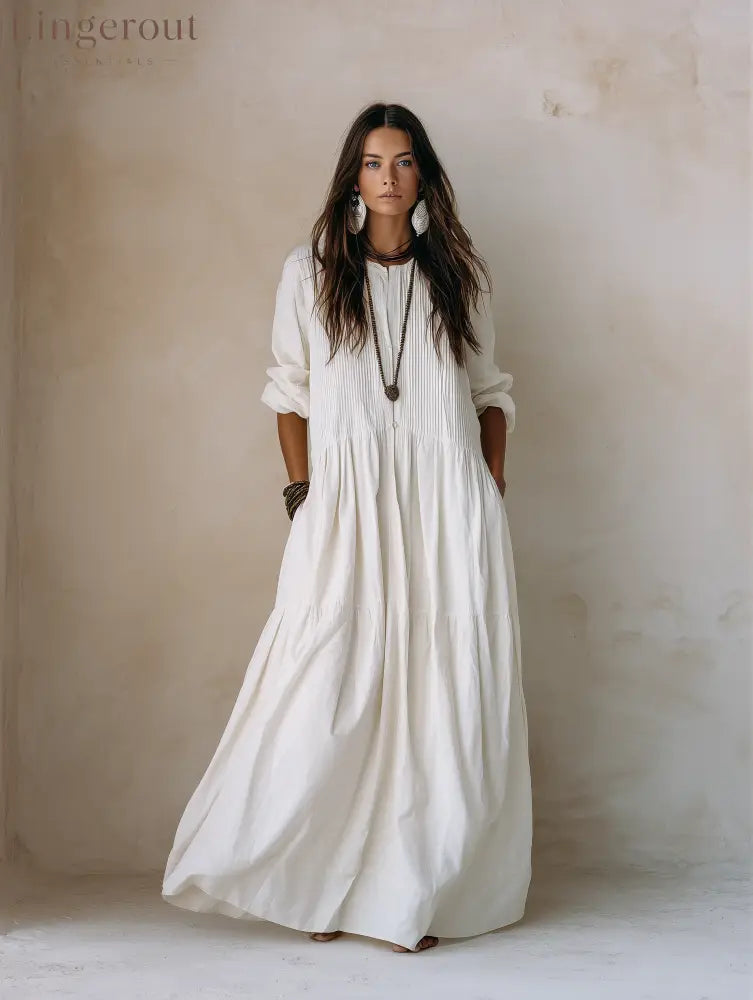Coastal Chic Soft Cotton Oversized Off-White Smock Maxi Dress - Long Sleeve Maxi Dress