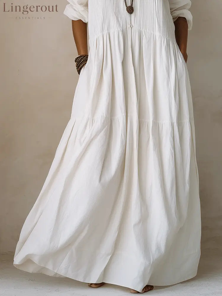 Coastal Chic Soft Cotton Oversized Off-White Smock Maxi Dress - Long Sleeve Maxi Dress