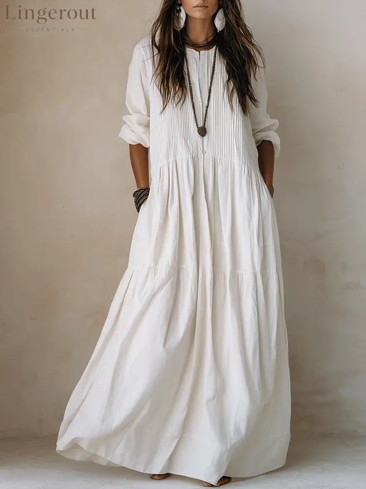 Coastal Chic Soft Cotton Oversized Off-White Smock Maxi Dress - White / XS - Long Sleeve Maxi Dress