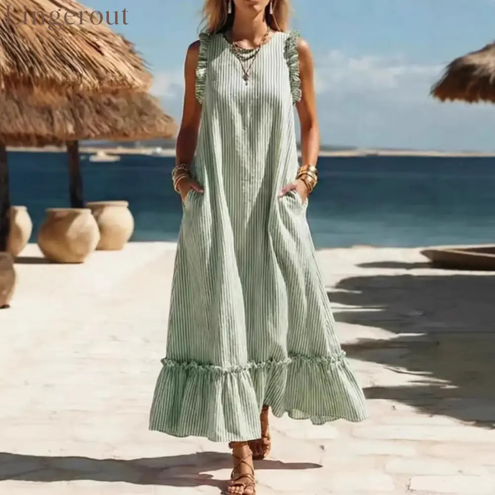🌊 Coastal Striped Ruffle Maxi Dress
