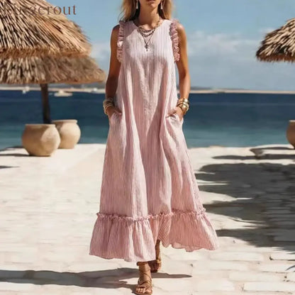🌊 Coastal Striped Ruffle Maxi Dress