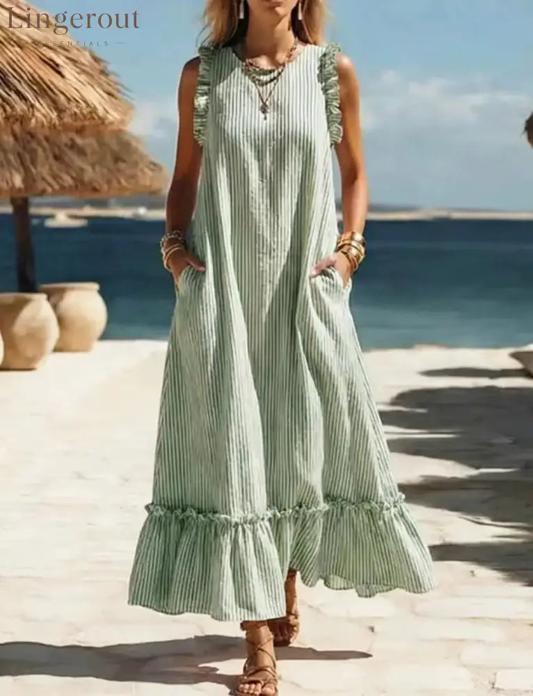 🌊 Coastal Striped Ruffle Maxi Dress - Green / S
