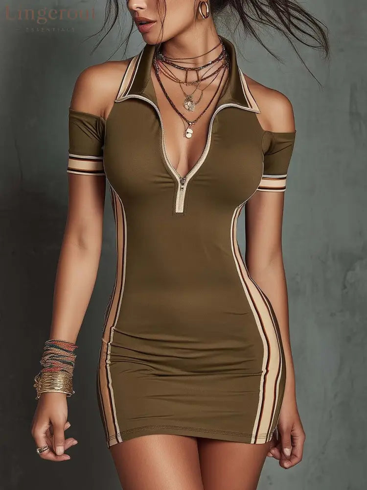 Cold Shoulder Half-Zip Polo Bodycon Mini Dress - Olive green / S