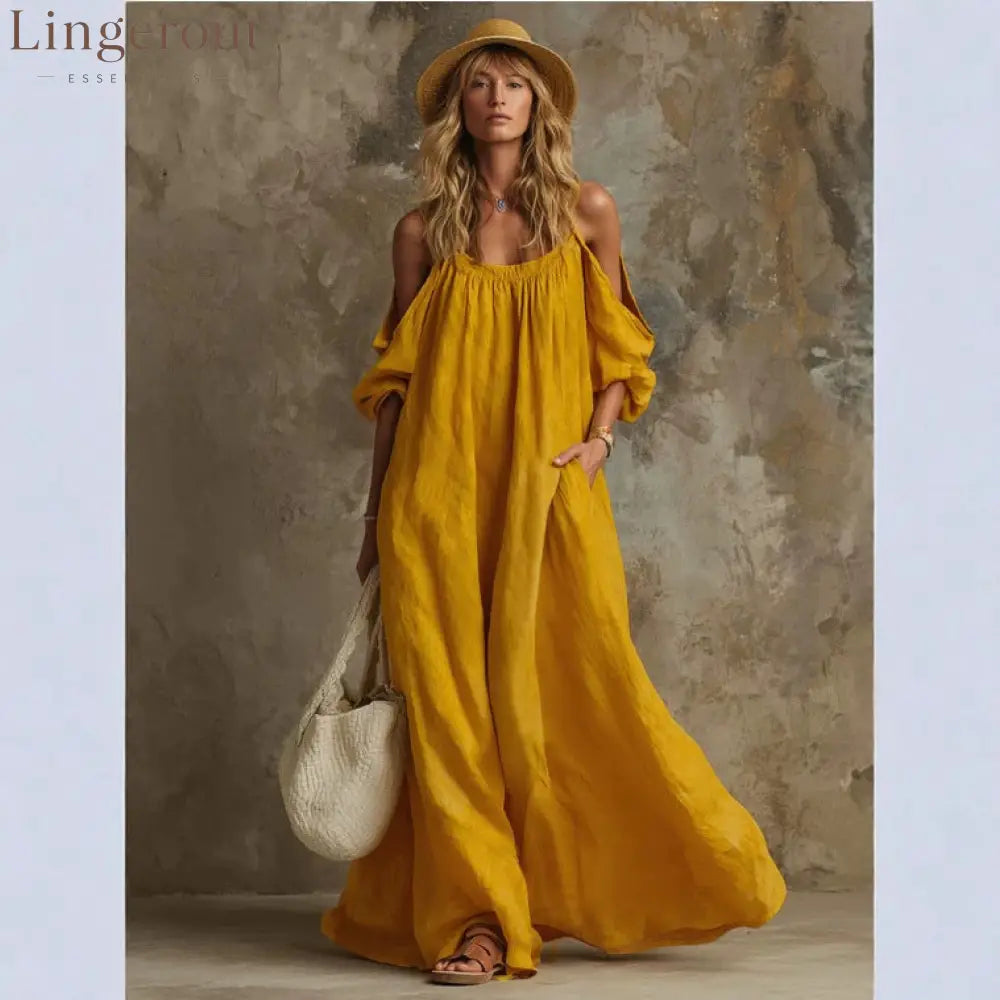 Cold Shoulder Puff Sleeve Pocketed Flowy White Maxi Caftan Dress